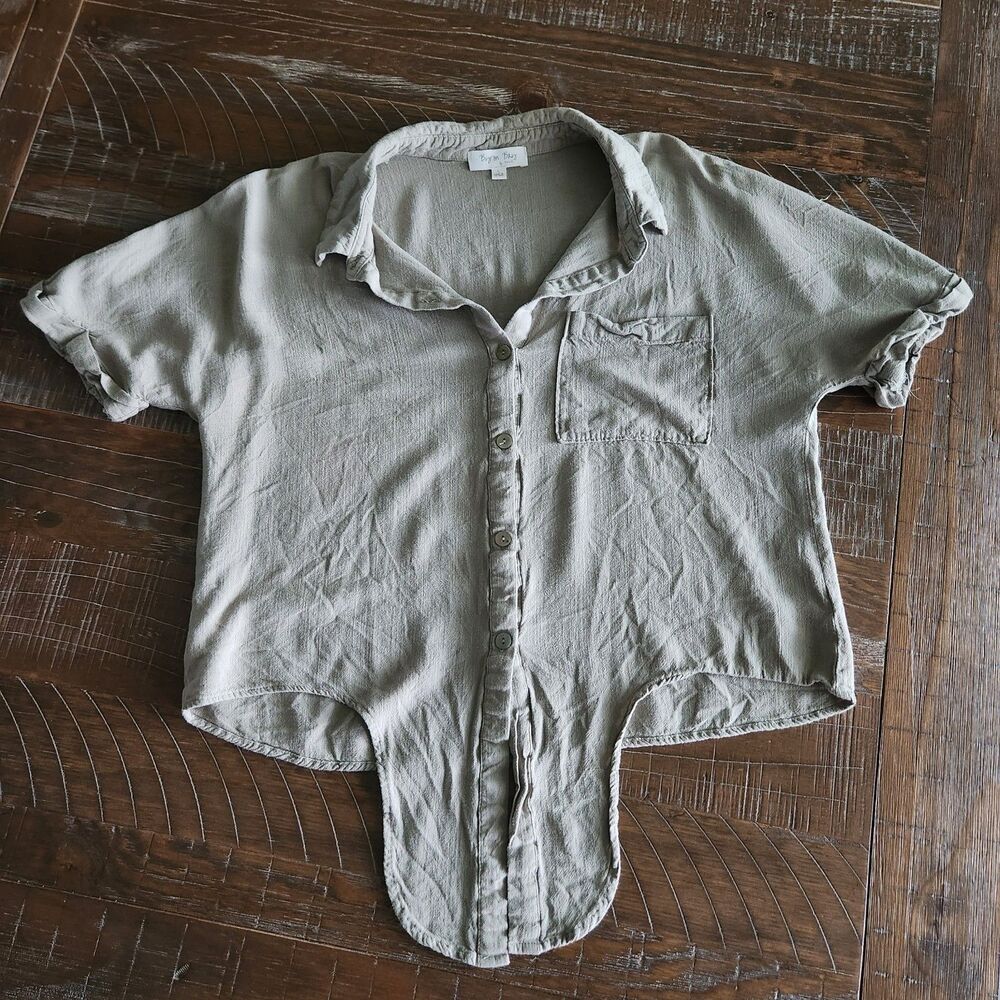 Byron Bay by Beasol Womens Large Rayon Gauze Tie Front Button Up Boho Top Green
